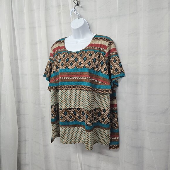 Alfred Dunner Brown Blue Aztec Tee Blouse Layered Boho Festival 1X - Picture 6 of 11